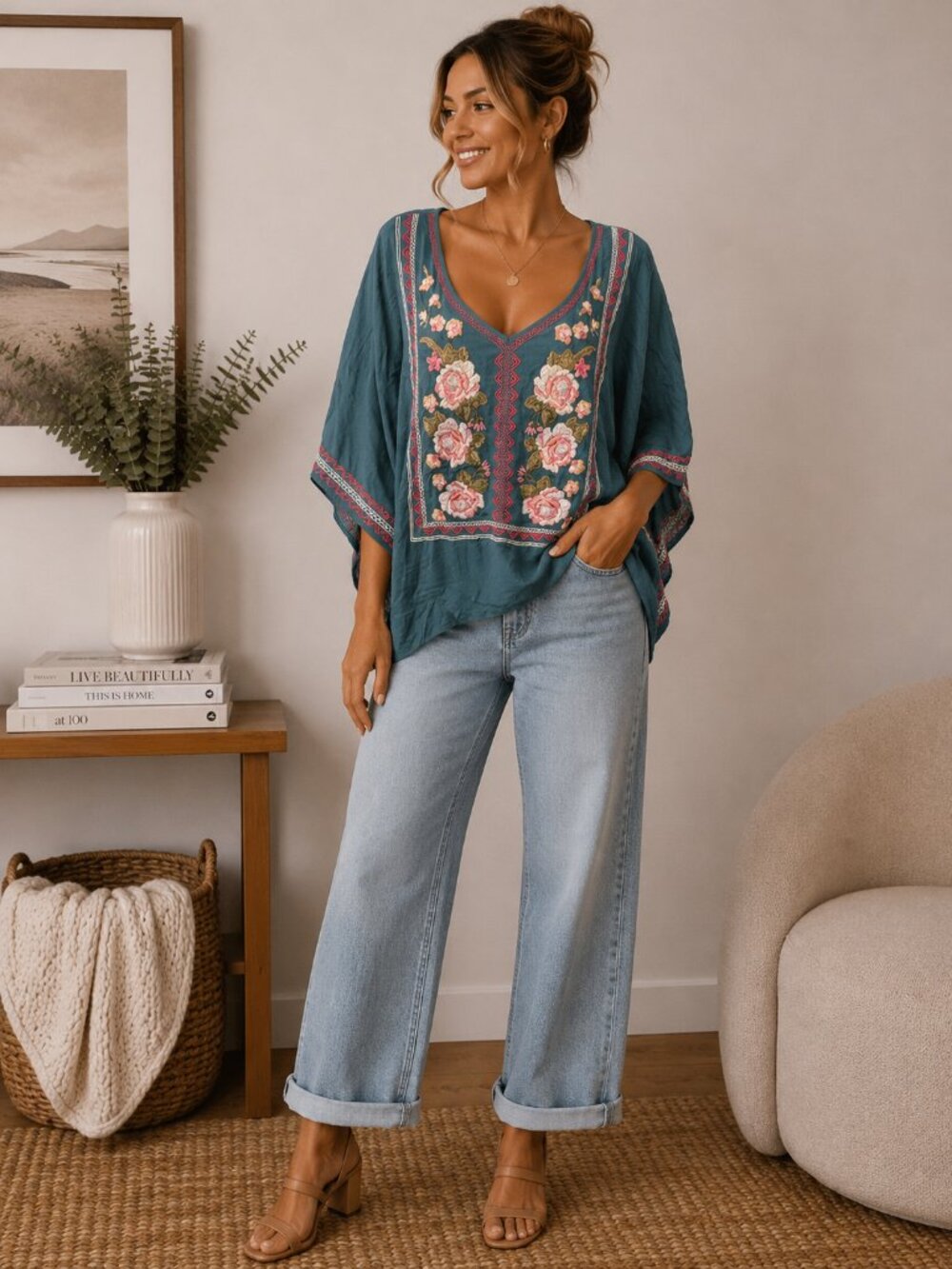 Andree by Unit 3X Teal Floral Embroidered Boho Tunic Dress Plus Size Peasant